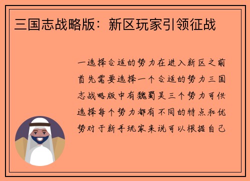 三国志战略版：新区玩家引领征战